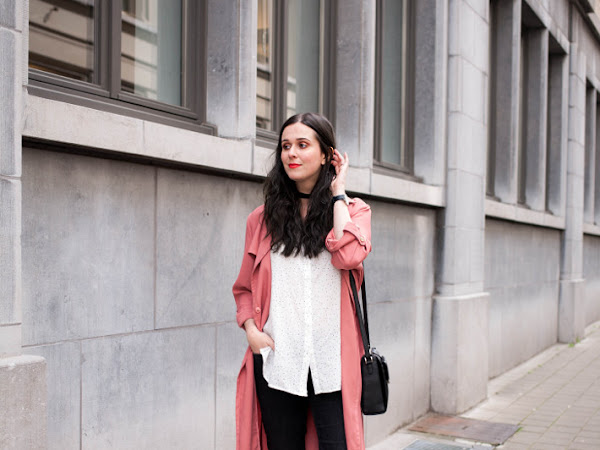 Outfit: long 70s layers in platforms, flares and pink trench