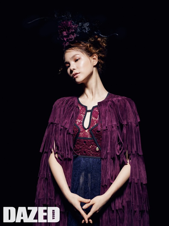 Dazed and Confused Korea September 2015, Jin Jung Sun Burberry Prorsum 2015 AW Burgundy Suede Tassels Poncho Editorials