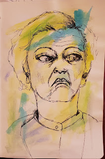 miserable middle aged woman sketch with watercolor splashes