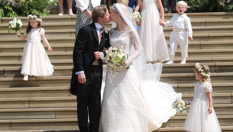Lady Gabriella Windsor and Thomas Kingston kissing at their wedding