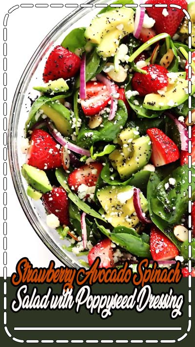 This delicious Strawberry Avocado Spinach Salad is quick and easy to make, full of great fresh flavors, and tossed with a simple poppyseed dressing.