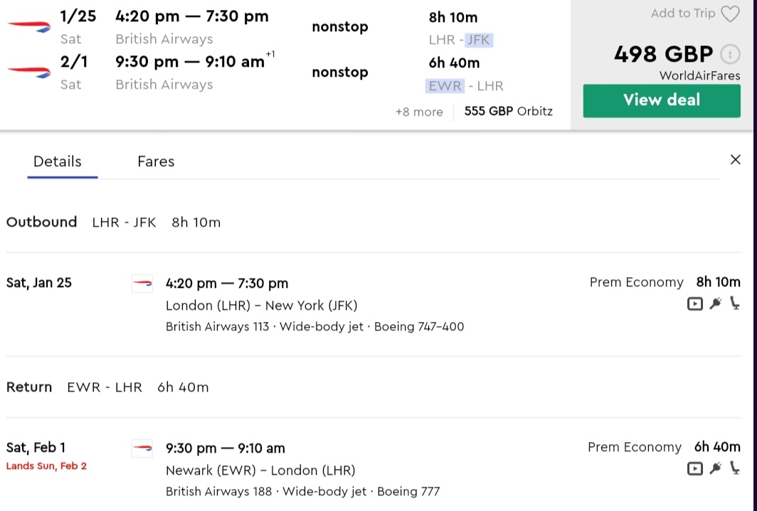 BA LHR to NYC from £489 (Y+)! Premium Cabin Deals
