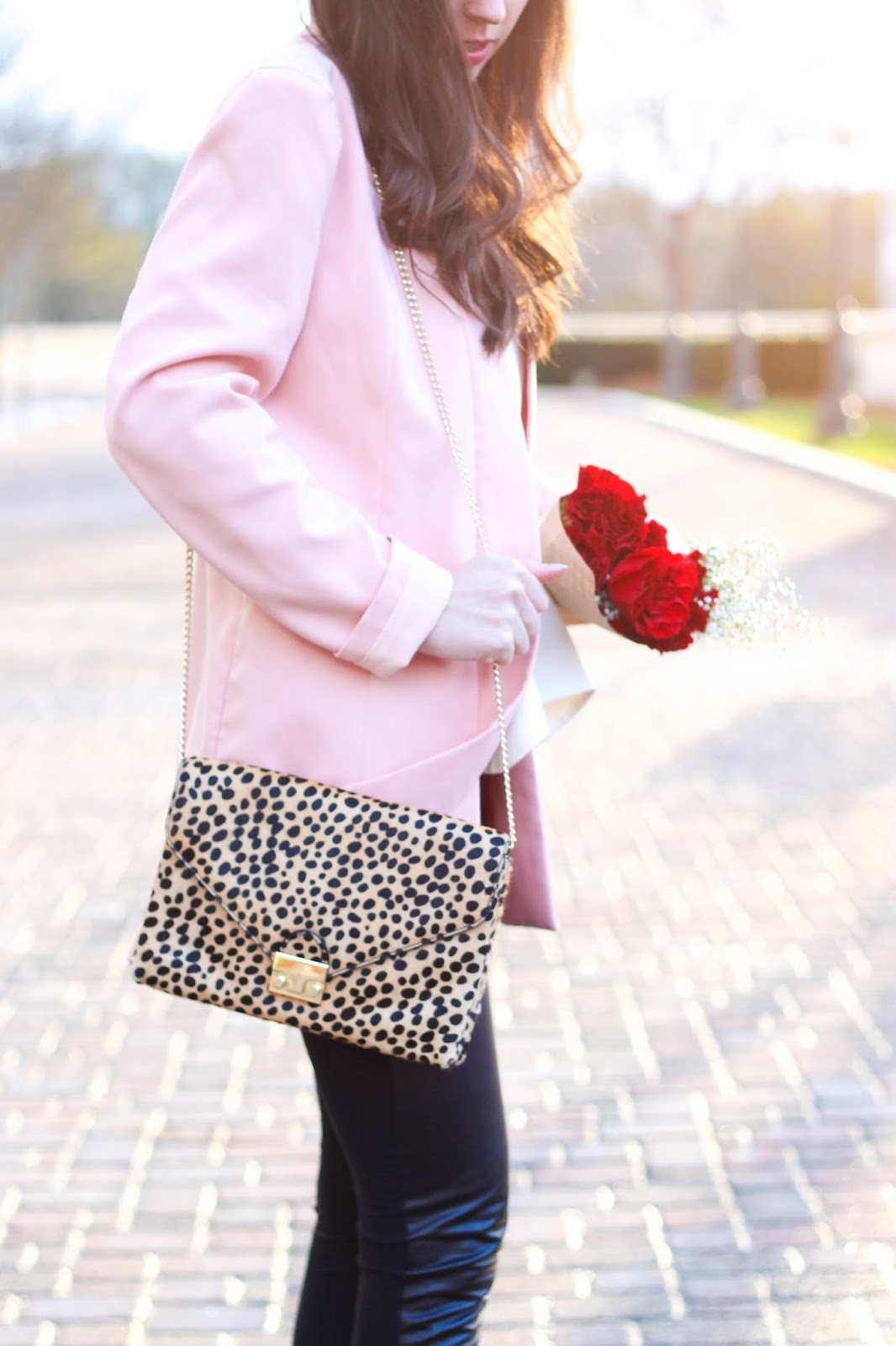 Rent the Runway clutch, Rent the Runway valentines outfit, Valentine's Day trends, Valentine's Day ideas, Valentine's Day outfit, date night look, pink blazer, faux leather leggings, Nordstrom leggings, leopard clutch, leopard crossbody bag, nude pumps, valentine's date night, pretty in the pines blog, fashion blogger, winter trends, winter fashion, winter outfit idea, Elliatt blush blazer,TY-LR cream rive gauche top,  cheetah printed lock clutch by Loeffler Randall