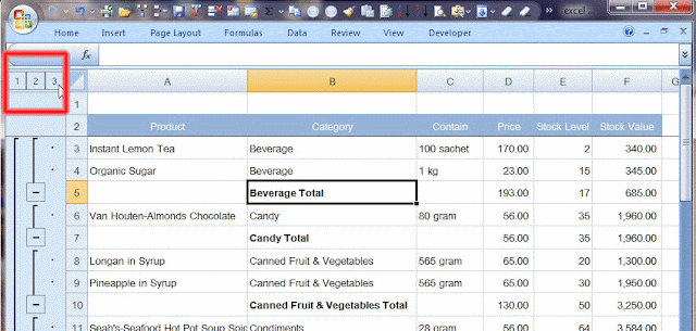 after using Subtotal, Data sheet will show all data and summary by click 3