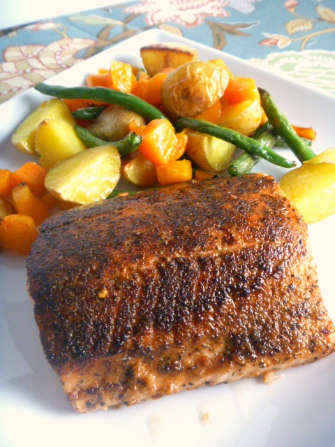 Chili Lime Salmon with Roasted Vegetables: Crispy fish on the outside and juicy and succulent on the inside, served along the BEST combination of roasted veggies!  Slice of Southern