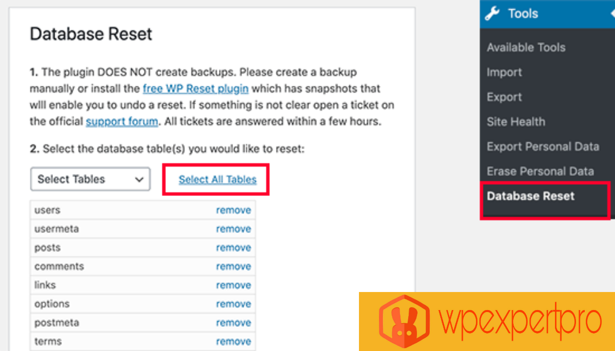 WordPress database reset table