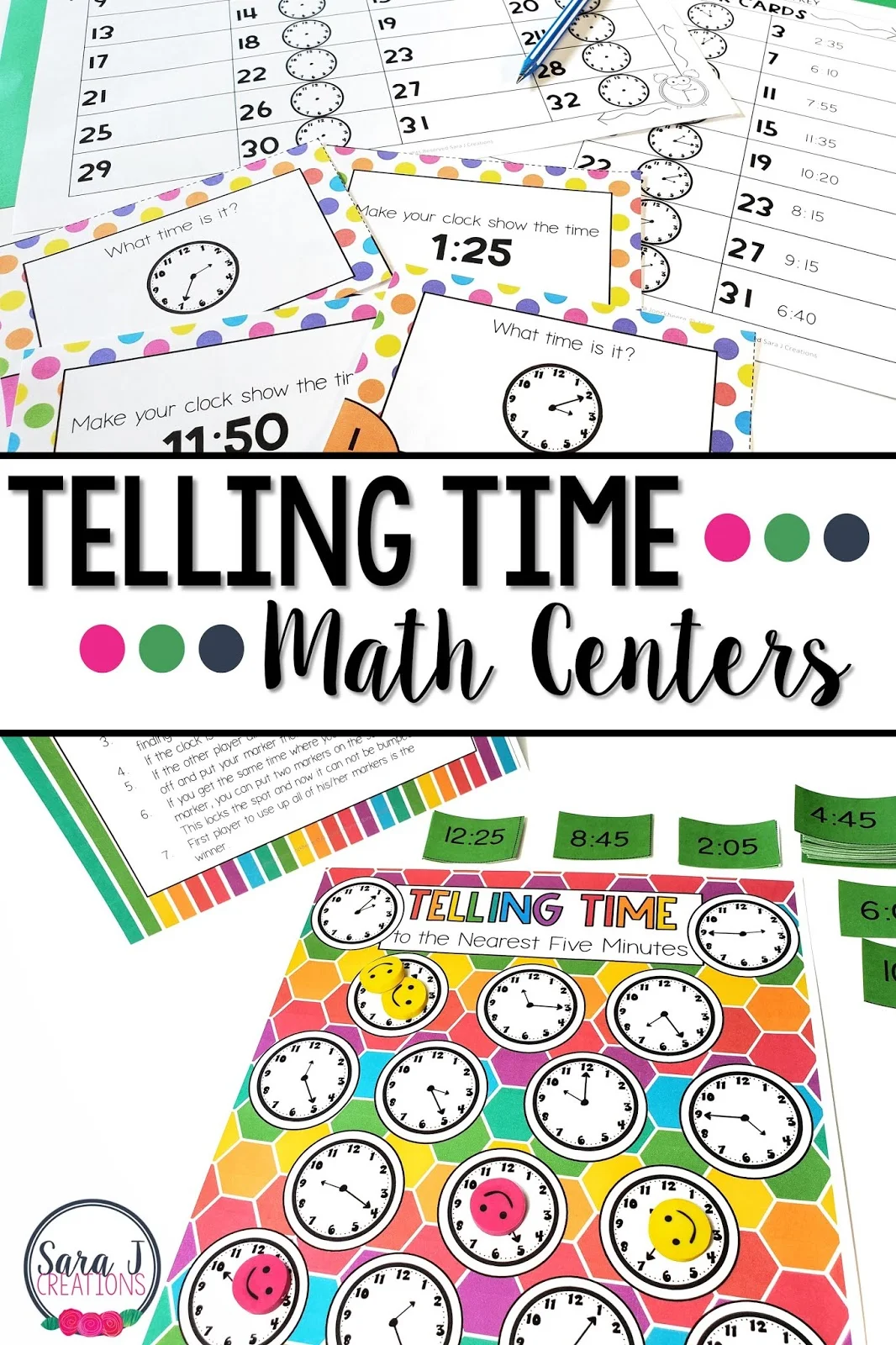 Telling time to the five minutes for kids. Eight fun and engaging centers that make practicing telling time more like a game and less like work. #secondgrade #mathcenters #tellingtime