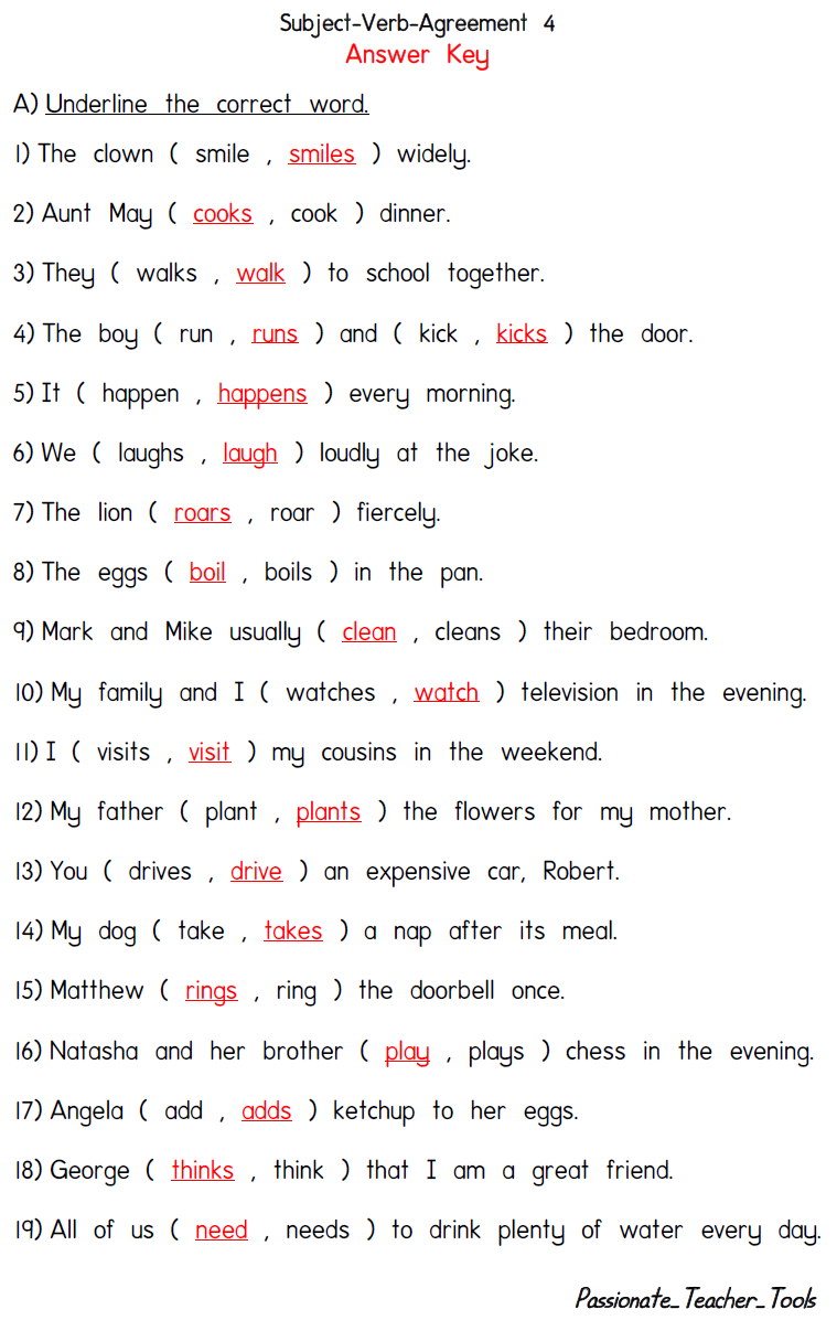 Subject And Verb Agreement Worksheet Answer Key