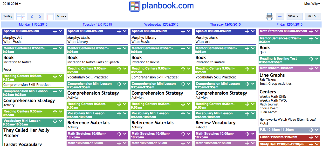 Do you need a way to simplify your daily lesson plans? RUN to sign up for planbook.com to experience a TYPE A personality's dream! Using their templates you are free to organize your lesson plans any way you choose! These have helped me to remember to plan an activity or print a handout in a pinch! Perfect to use when a substitute is in your room so they can easily follow your daily routine! {organizing, planning, elementary, upper elementary}