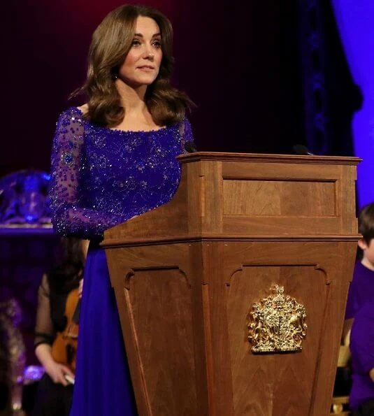 Kate Middleton re-wore a royal blue embellished Jenny Packham gown that she last wore at Bollywood Gala in Mumbai in 2016