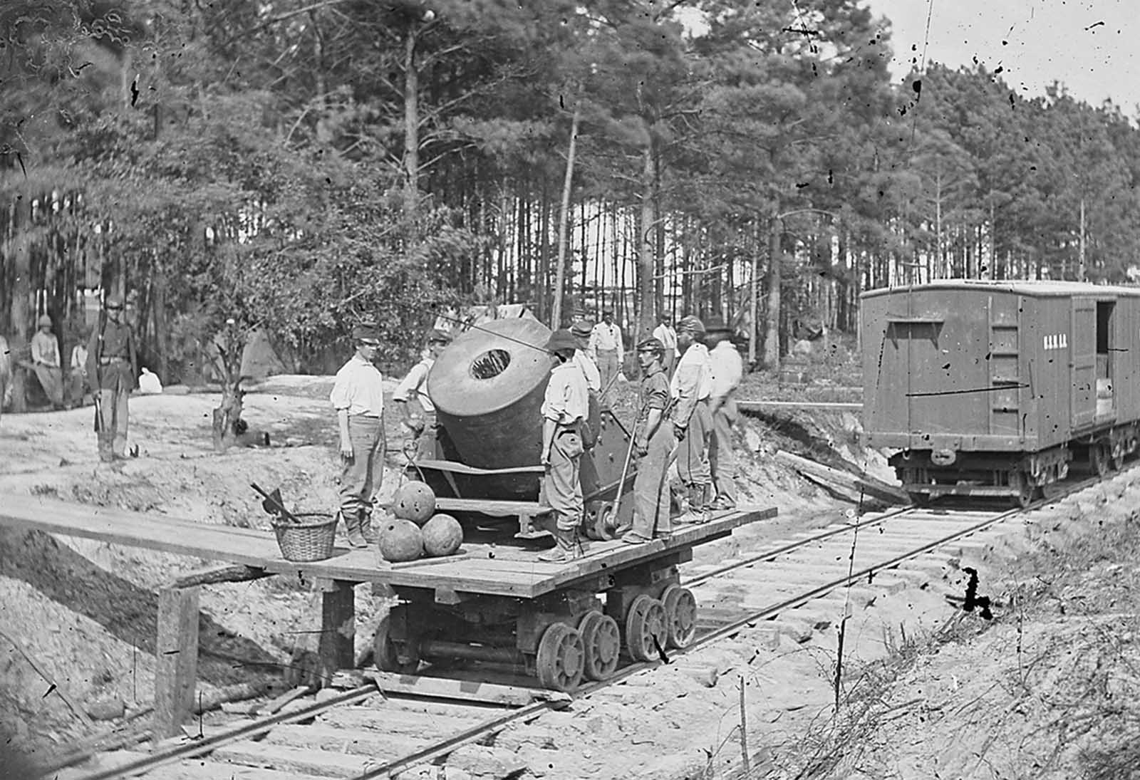 A mortar mounted on a railrioad car, near Petersburg, Virginia.