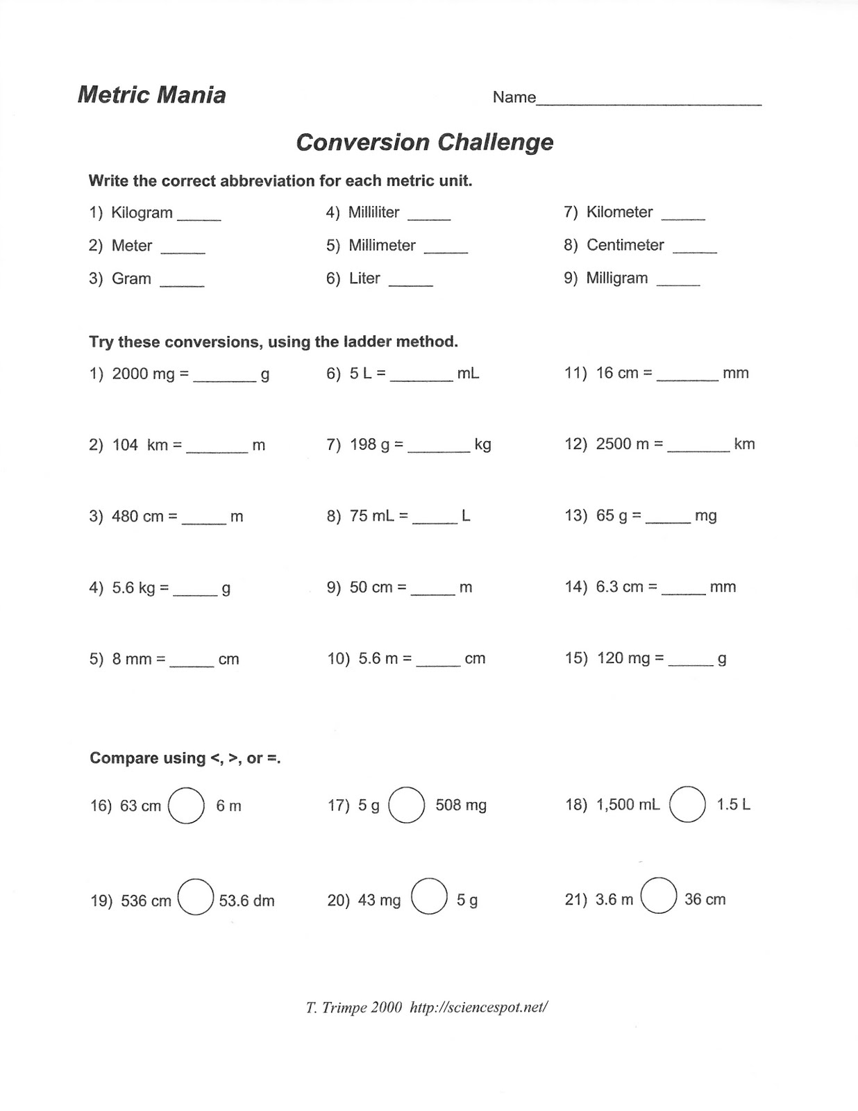 Science Class: Metric system conversion worksheet