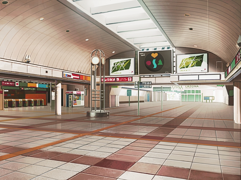 Anime train station artwork with unique perspective on Craiyon