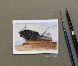 A water colour painting of cargo ship at port, on Chitrapat handmade paper