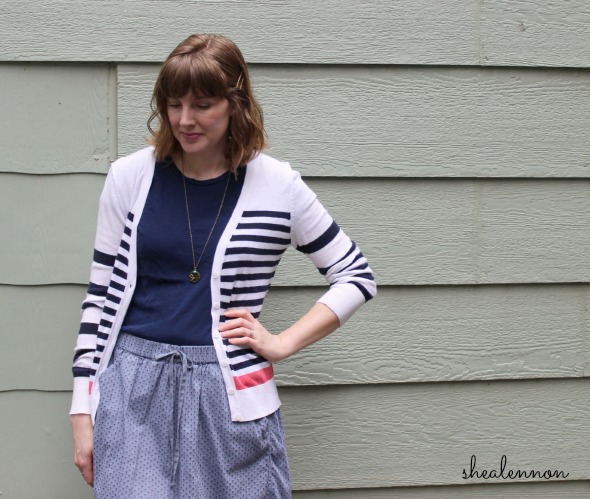 sporty feminine look with striped cardigan and chambray skirt | www.shealennon.com