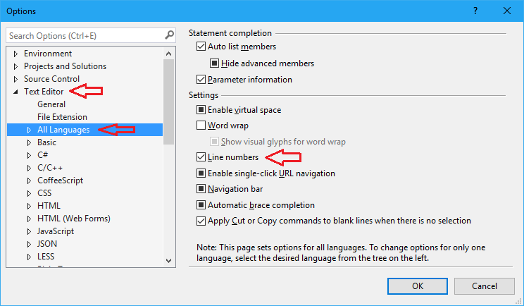 How to display line numbers in Visual Studio and SQL Server