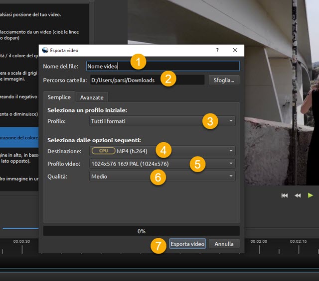 finestra di configurazione del video esportato