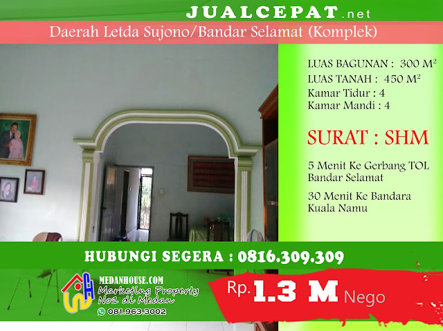 DIJUAL RUMAH DIDALAM KOMPLEK DAERAH LETDA SUJONO TEMBUNG AKSARA PANCING IKIP UNIMED