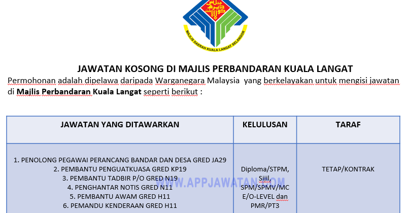 Jawatan Kosong Majlis Perbandaran Kuala Langat 2021.