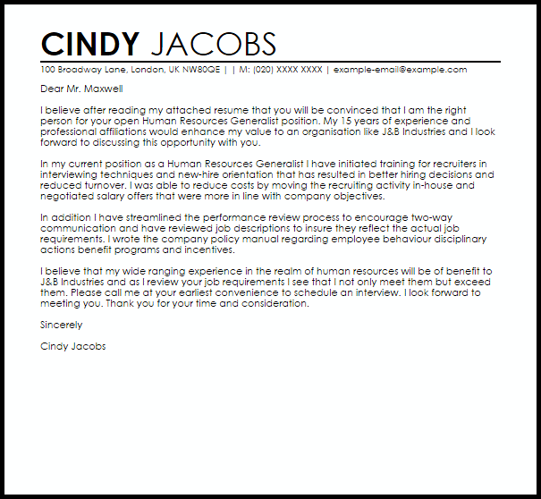 Sample Cover Letter Hr Generalist Position Sample Letter