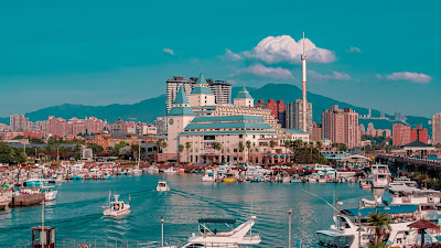 City, port, boats, sea, buildings, mountains