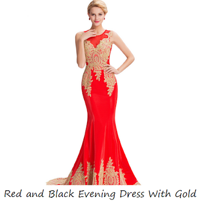 Red and Black Evening Dress With Gold