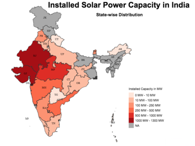 geography wise installed solar capacity in India
