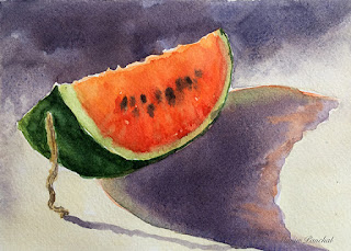 still life water color painting of a slice of watermelon water color painting of slice of watermelon on Fabriano water color paper by Manju Panchal