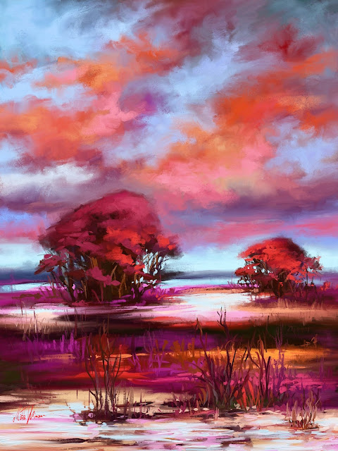 Red dusk digital landscape oil painting by Mikko Tyllinen