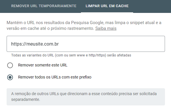 Posso solicitar a remoção do conteúdo de todo o domínio (site)? Sim pode, Abra a ferramenta de remover URL do Google. Informe o domínio “com https:// URL”, marque a opção “Remover todos os URLs com o prefixo”. Conforme imagem abaixo:
