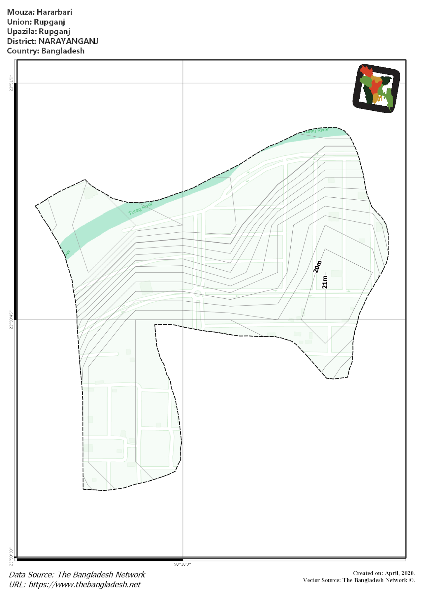Map of Hararbari Mouza of Rupganj Upazila, NARAYANGANJ, Bangladesh.