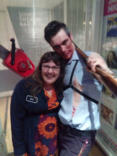 Yours truly posing for a photo with bloody and bedraggled Rob Kemp after a performance of The Elvis Dead.