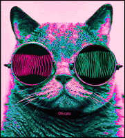 Art Cat GIF • Trippy Cat, high on Catnip, wearing green purple psychedelic sunglasses
