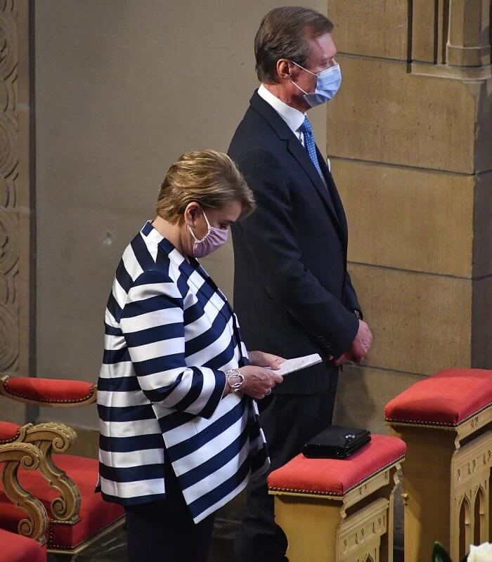 Grand Duchess Maria Teresa wore a blue striped satin jacket from Maison Rabih Kayrouz