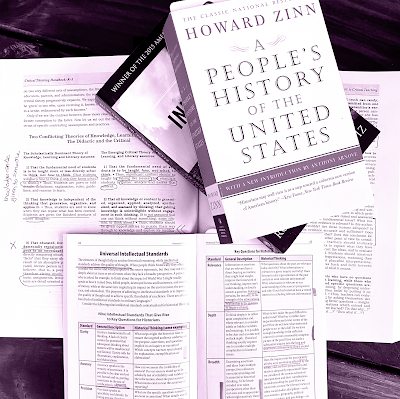 Coffee table with a two open education books and two history books: Critical Thinking Handbook K-3: A Guide for Remodeling Lesson Plans for Language Arts, Social Studies & Science open to Two Conflicting Theories of Knowledge, Learning, and Literacy: The Didactic and the Critical and The Student Guide to Historical Thinking: Going Beyond Dates, Places, and Nates to the Core of History open to Universal Intellectual Standards with A People's History of the United States by Howard Zinn and An Indigenous Peoples' History of the United States (Revisioning History) by Roxanne Dunbar-Ortiz.