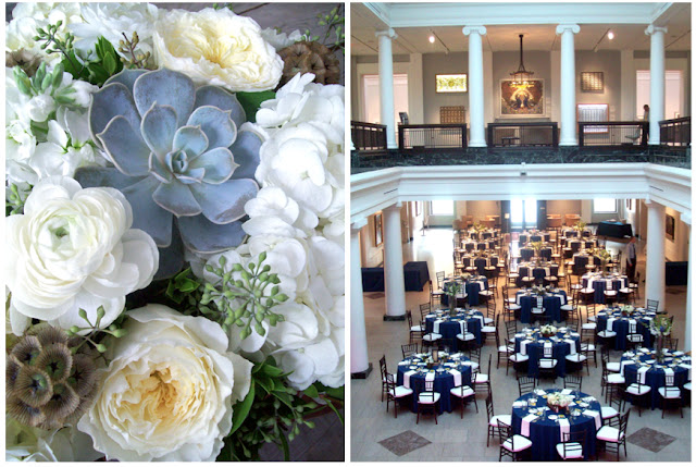 elegant woodsy white bouquets for detroit michigan modern classic fall wedding at university of michigan museum of art UMMA by sweet pea floral design succulent echeveria garden rose seeded eucalyptus scabiosa pods ranunculus navy guest tables art museum wedding ann arbor