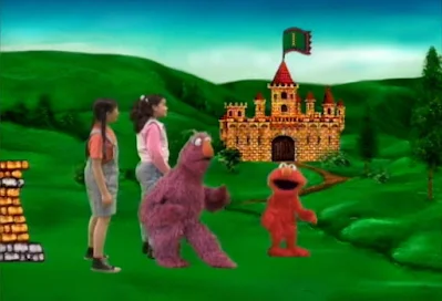 Telly, Elmo and Gabi see the number 1 on the flag of a castle. Sesame Street The Great Numbers Game