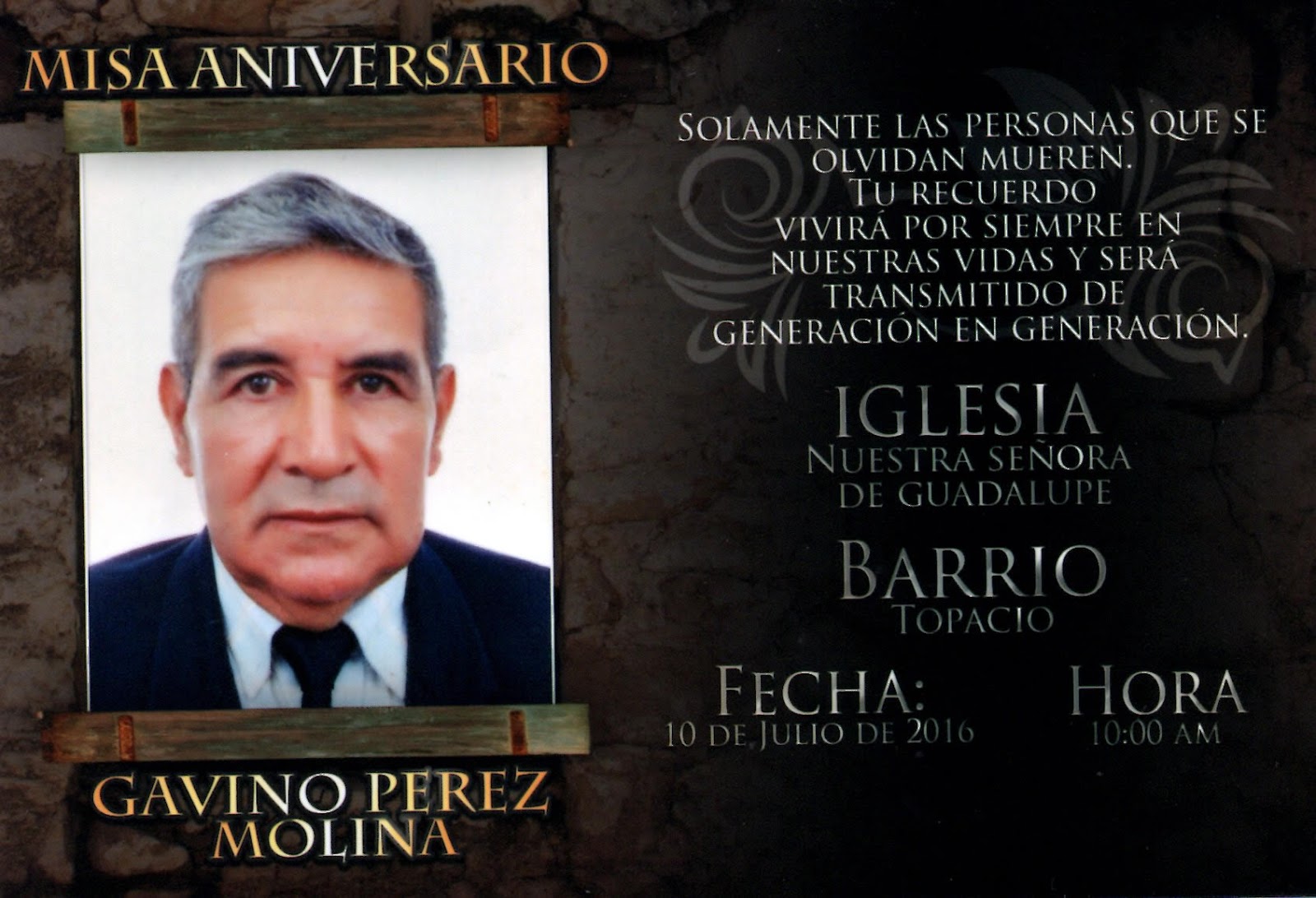 Invitacion A Misa De Aniversario De Gavino Perez Molina Atolpore