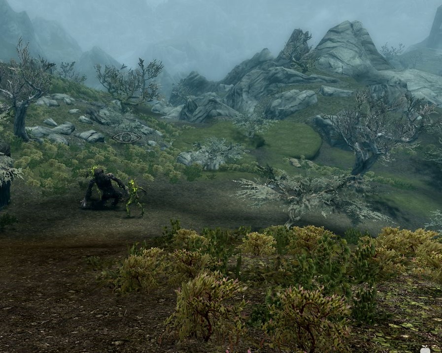 downhill slope with some grass, two spriggans are fighting a troll in about thirty meters' distance