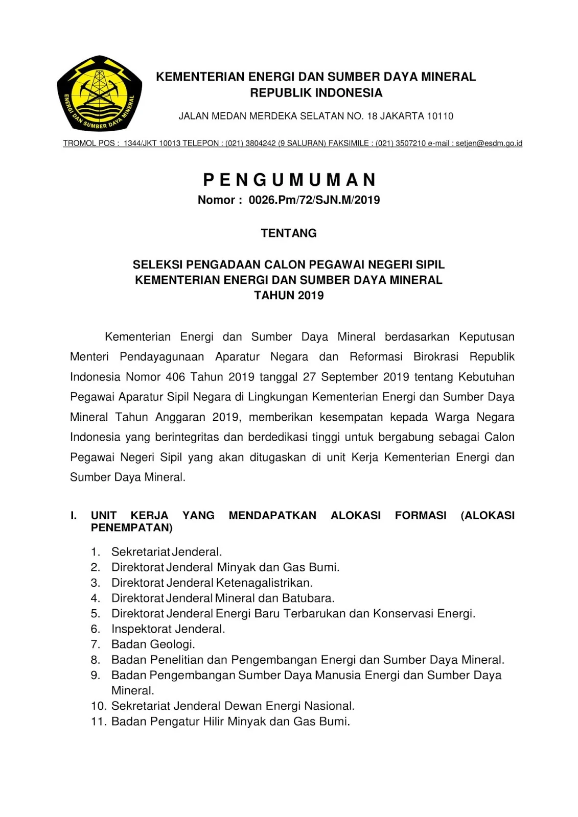 Lowongan CPNS Kementerian Energi dan Sumber Daya Mineral Tahun Anggaran 2019 [187 Formasi]