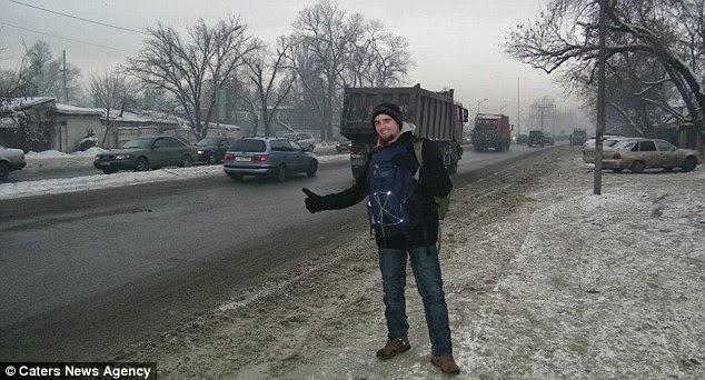 Mr Marie looking chilly but hopeful in Kazakhstan. He has made the amazing journey by relying on the generosity of strangers to give him a free ride. - A Big Thumbs Up. Traveller Hitchhikes 100,000 Miles Around The World Without Spending Any Money
