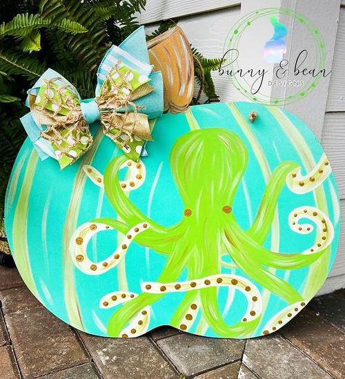 Painted Wooden Pumpkin Sea Life Coastal Art