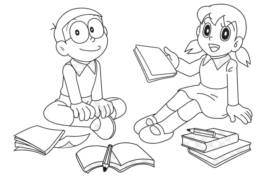 Tranh tô màu Xuka và Nobita học bài