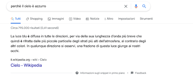 una pagina della Ricerca Google con scritto "perché il cielo è azzurro"