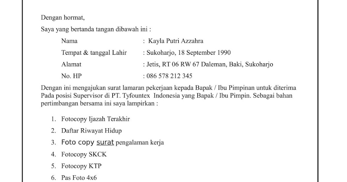 Contoh Surat Lamaran Kerja Di Pt Pungkook Indonesia Kumpulan Contoh Gambar