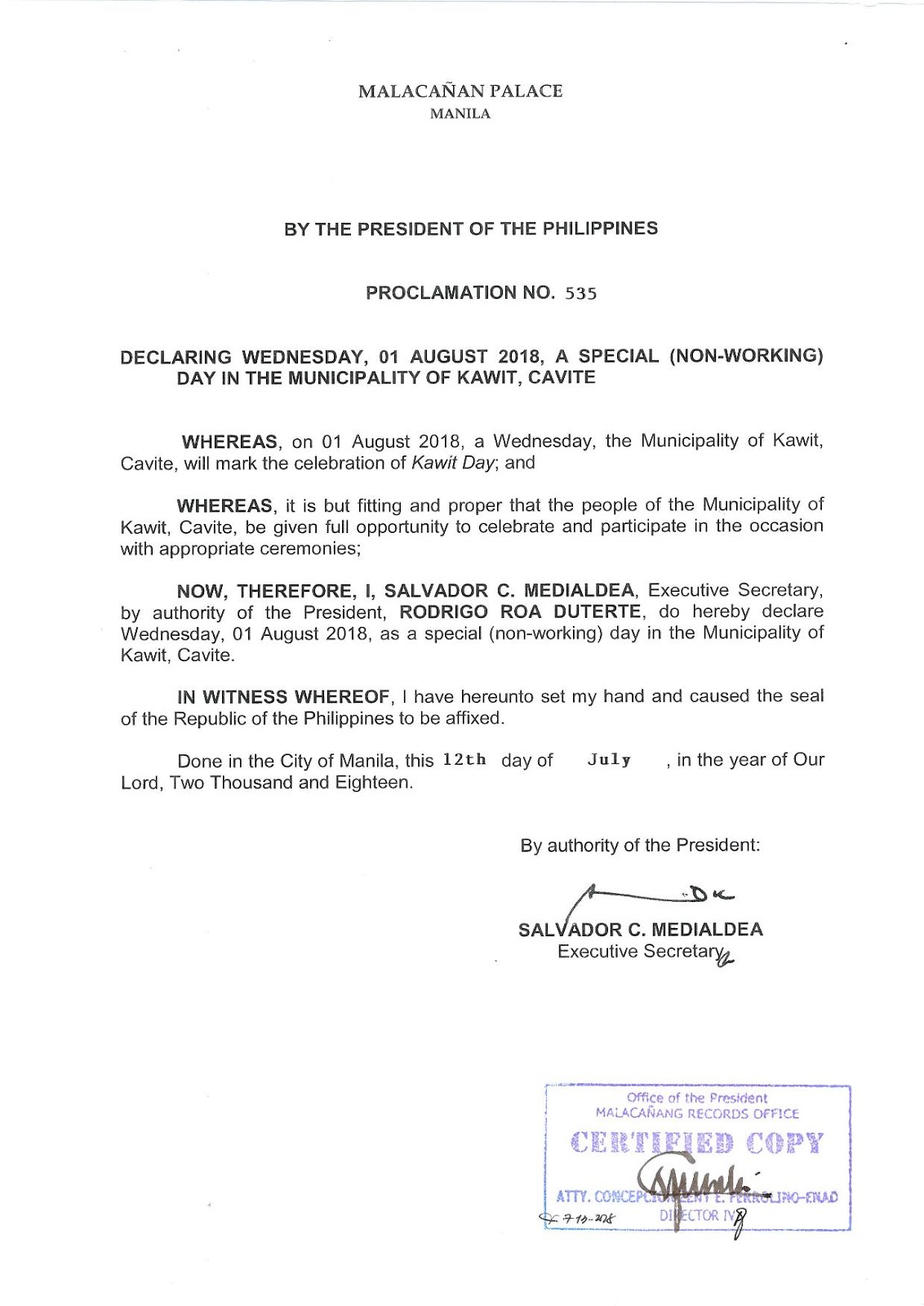 Philippine Holidays Special (NonWorking) Day in Kawit, Cavite on