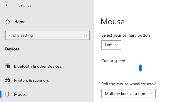 تحديد سرعة مؤشر الماوس في تطبيق إعدادات Windows 10.