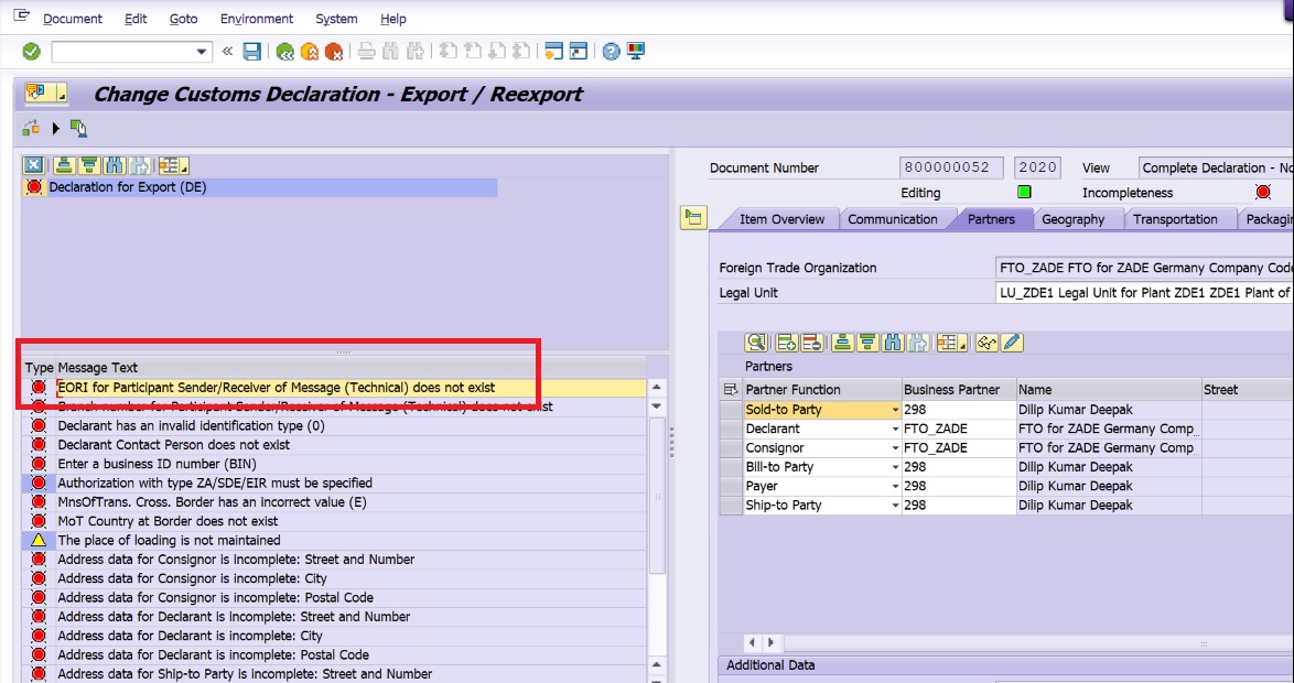 EORI for Participant Sender/Receiver of Message (Technical) does not exist