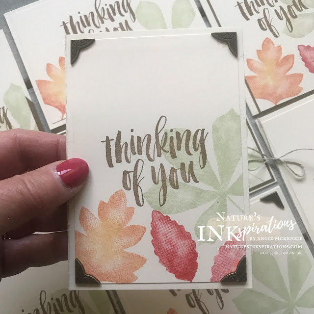 By Angie McKenzie for the Third Thursdays Blog Hop; Click READ or VISIT to go to my blog for details! Featuring the Love of Leaves and Rooted in Nature stamp sets from Stampin' Up! for creating seasonal note cards; #leaves #naturesinkspirations #seasonalcards #nature #loveofleavesstampset #rootedinnaturestampset #linenthread #antiquedcornersandslides #thanksgiving #fallcards #thinkingofyoucards #stampinup #veryvanillanotecardsandenvelopes #makingotherssmileonecreationatatime