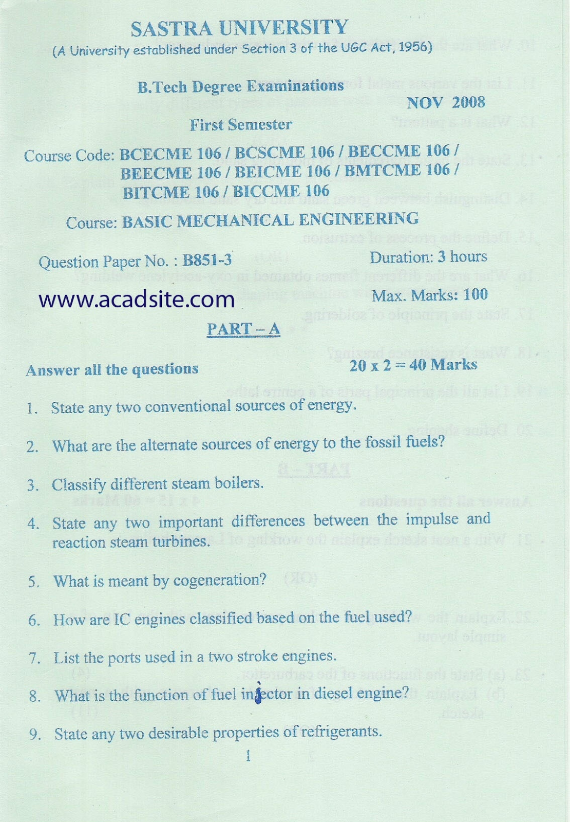 Basic Mechanical Engineering Question Paper